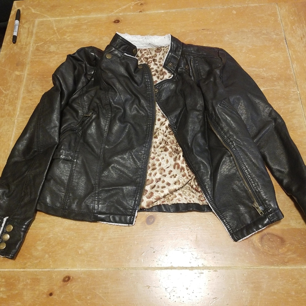 Faux Dark Brown Leather Jacket with Sherpa Trim